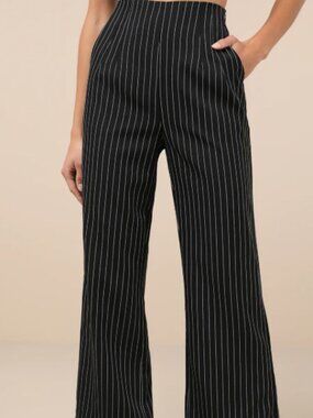 Lulus Pur-Suit of Chic Black Pinstripe Straight Leg Pants Size Small